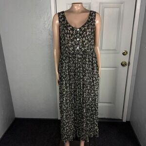 Vintage 90s Basement Women's Dress Floral Button midi Polyester Sleeveless A3-14